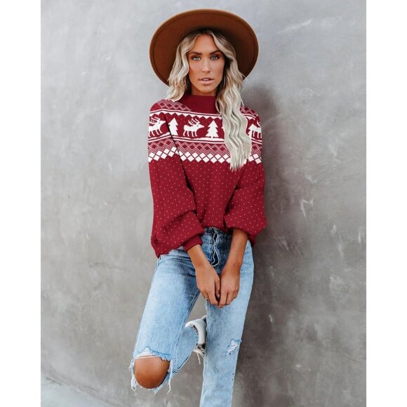 Zeagoo Women's Red-elk Long Sleeve Pullover Ribbed Knitted Pattern Sweater - Picture 3 of 4